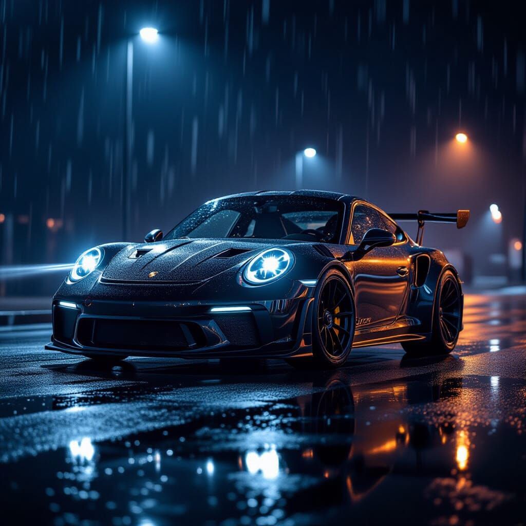 Black Porsche GT3 with Aggressive Body Kit at Night