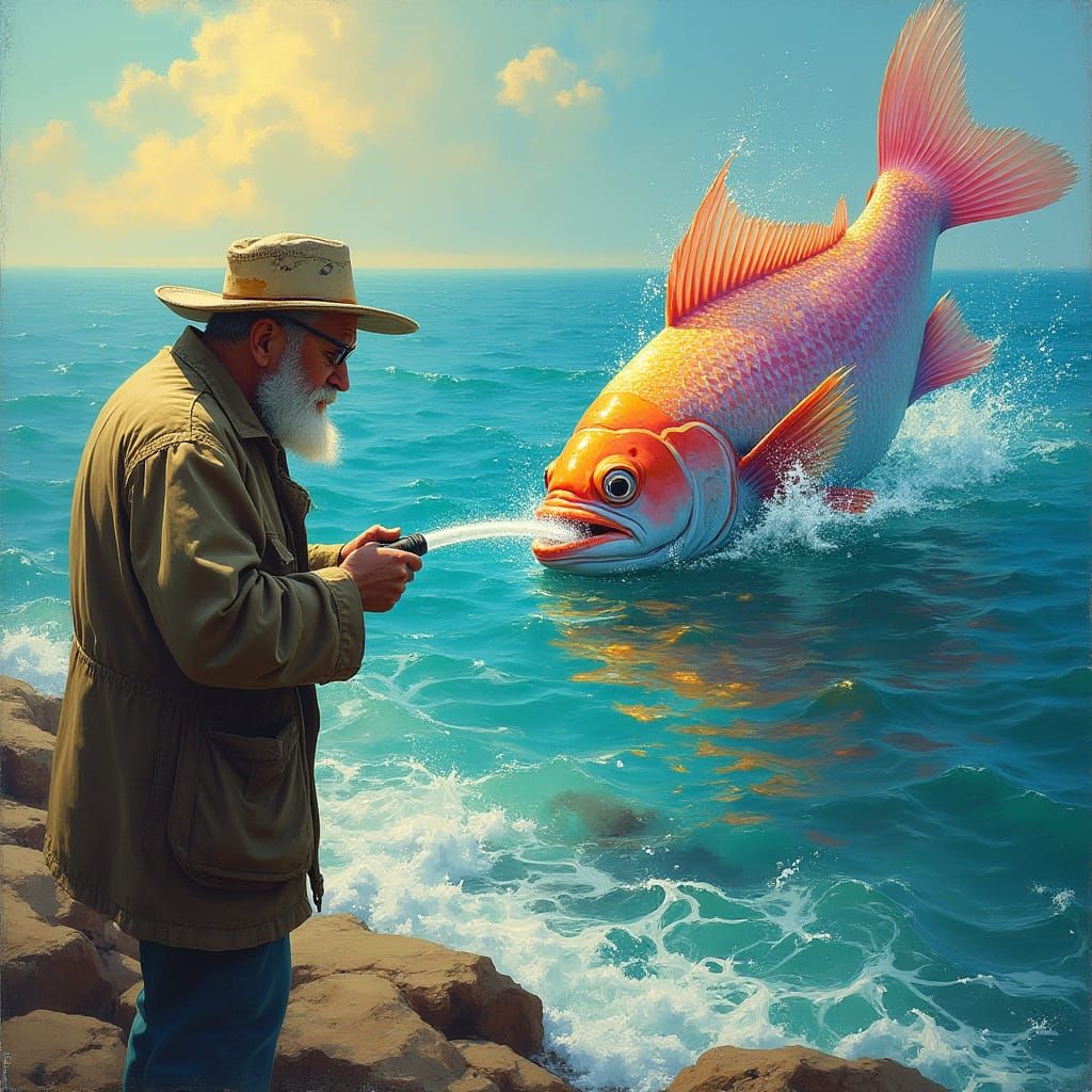 Iridescent Fish Spitting Water, Impressionistic Ocean Scene