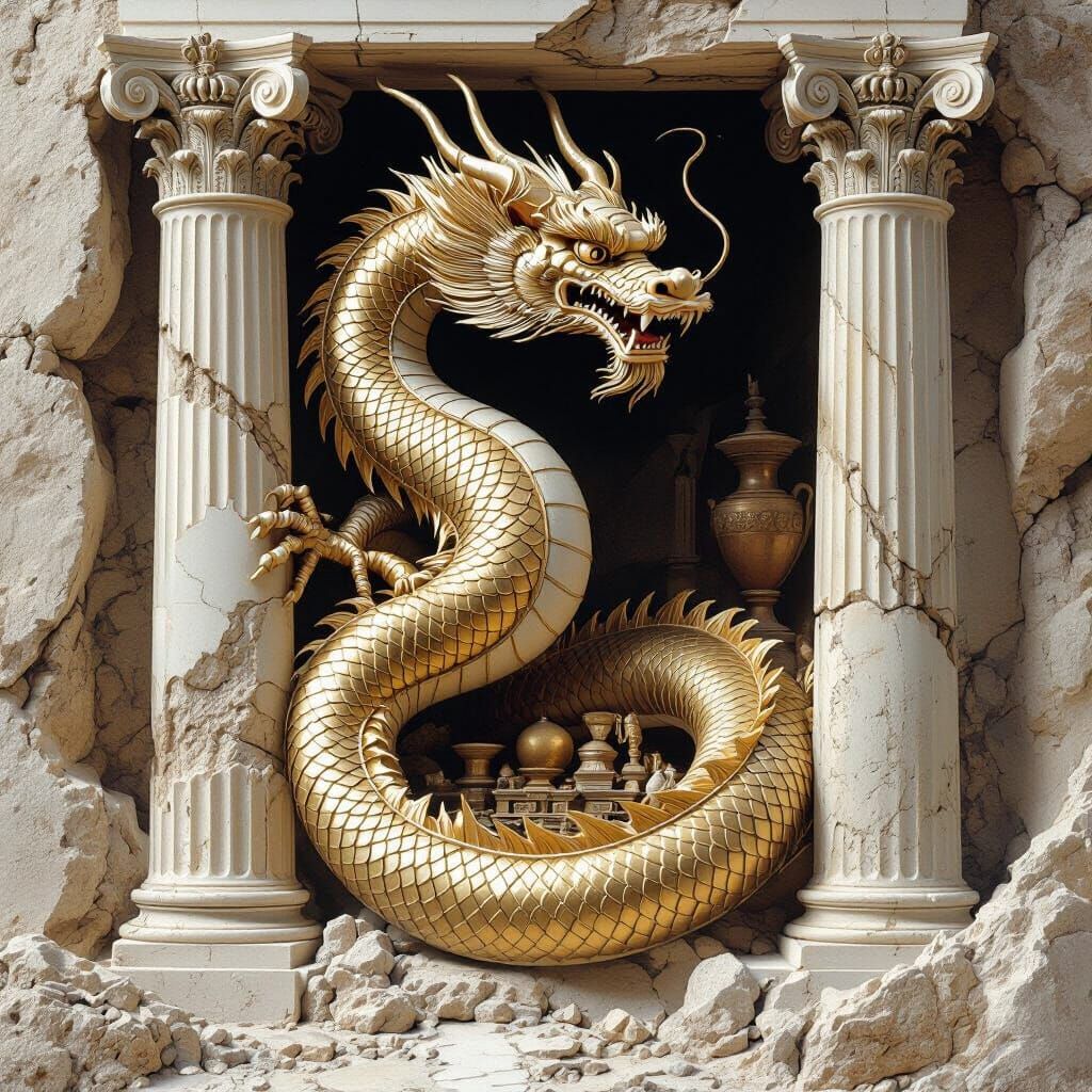 Golden Japanese Dragon Sculpture Guarding Treasure