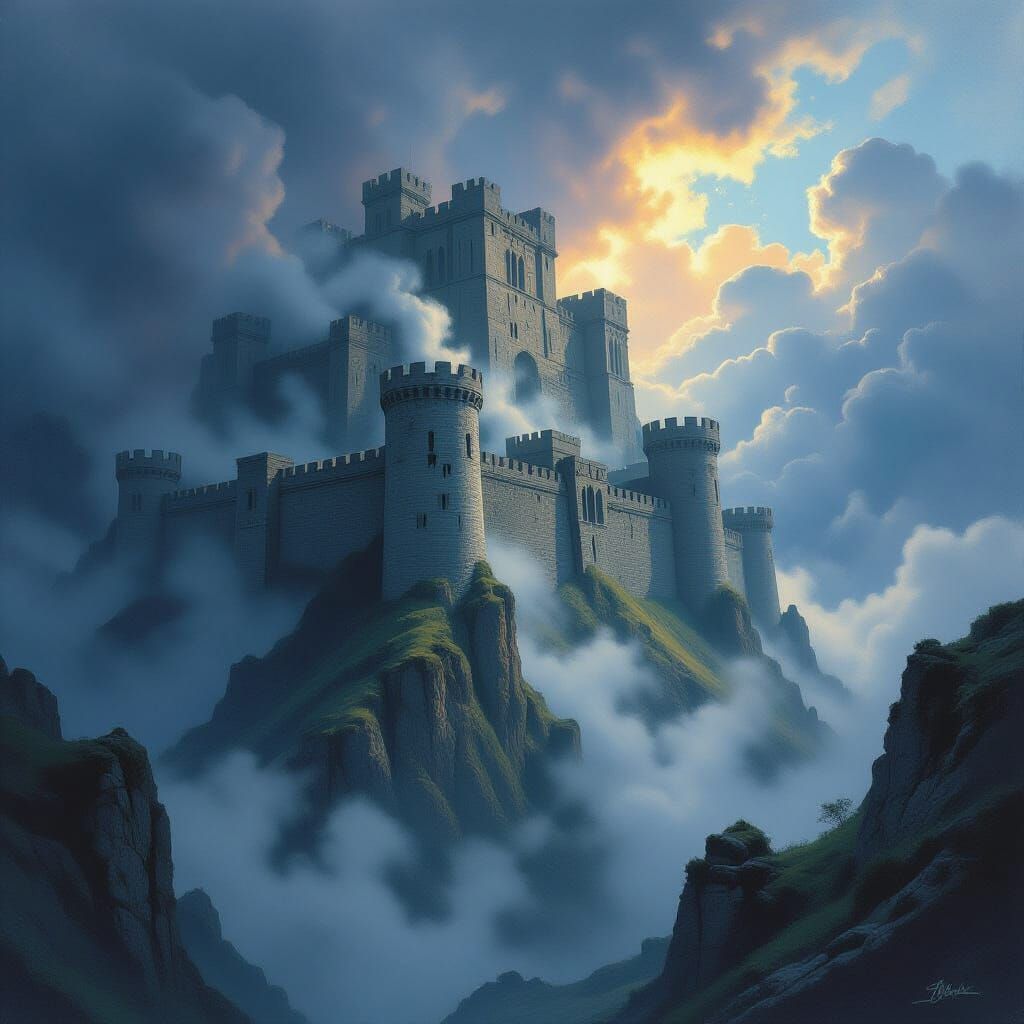 Ancient Fortress Mountain Mist Ethereal Light Matte Painting