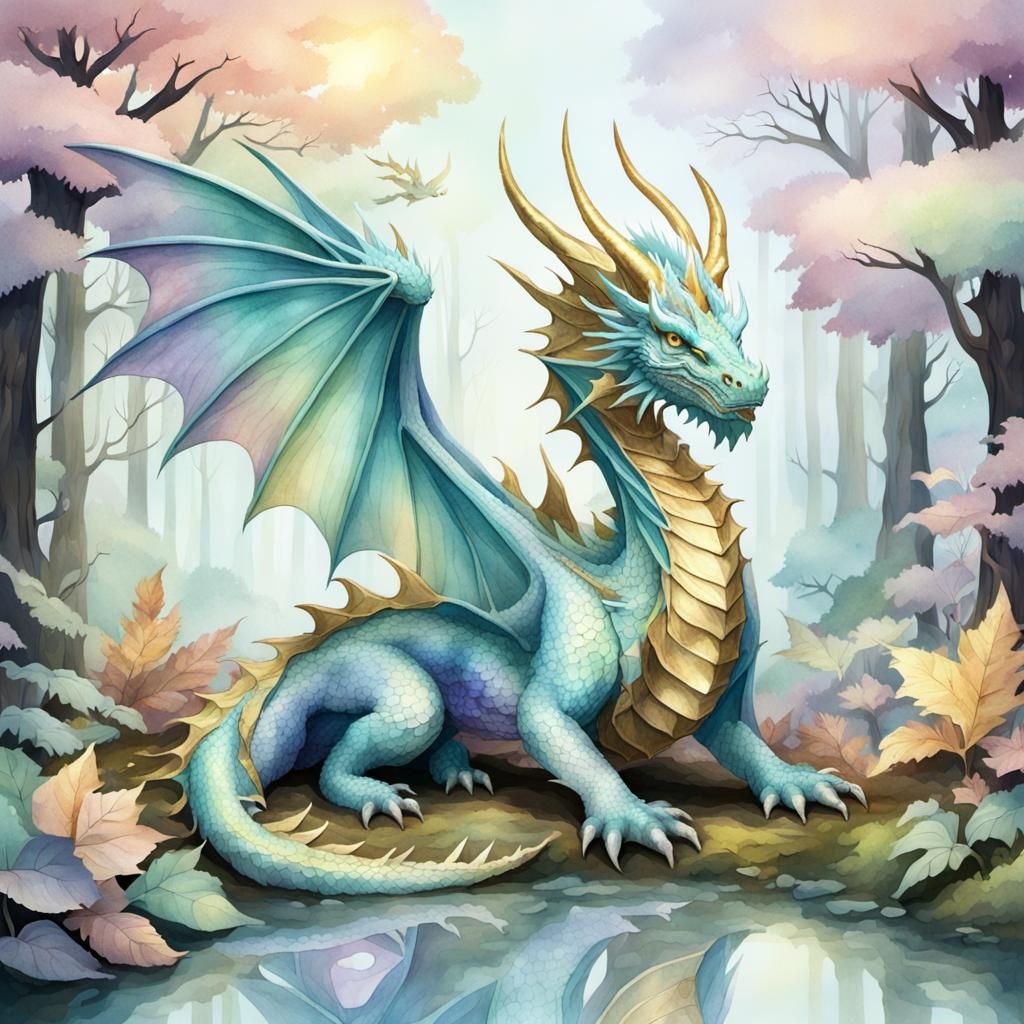 Majestic Dragon Protects Fairy in Mystical Forest