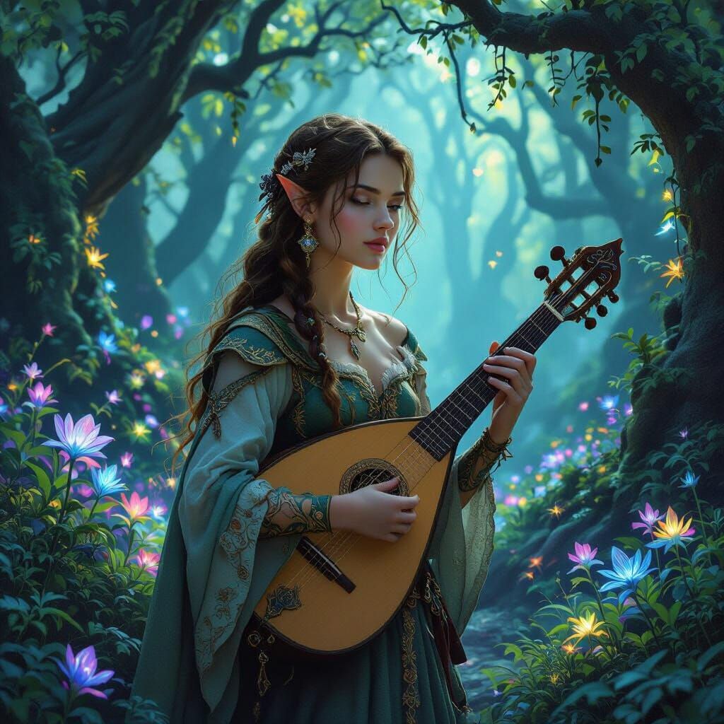 Elven Musician in Enchanted Forest Digital Matte Painting