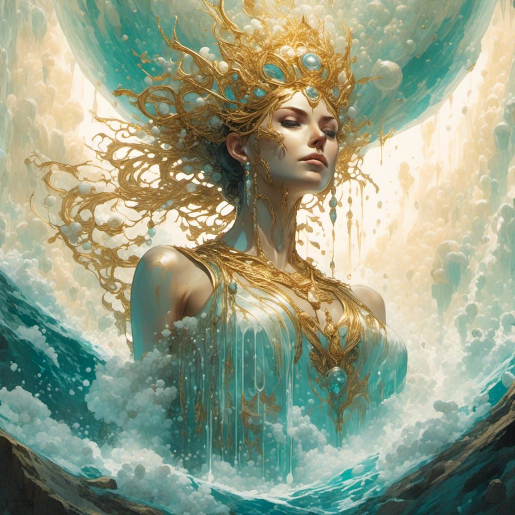 Surreal Waterfall Woman Holding Fantasy Pearl