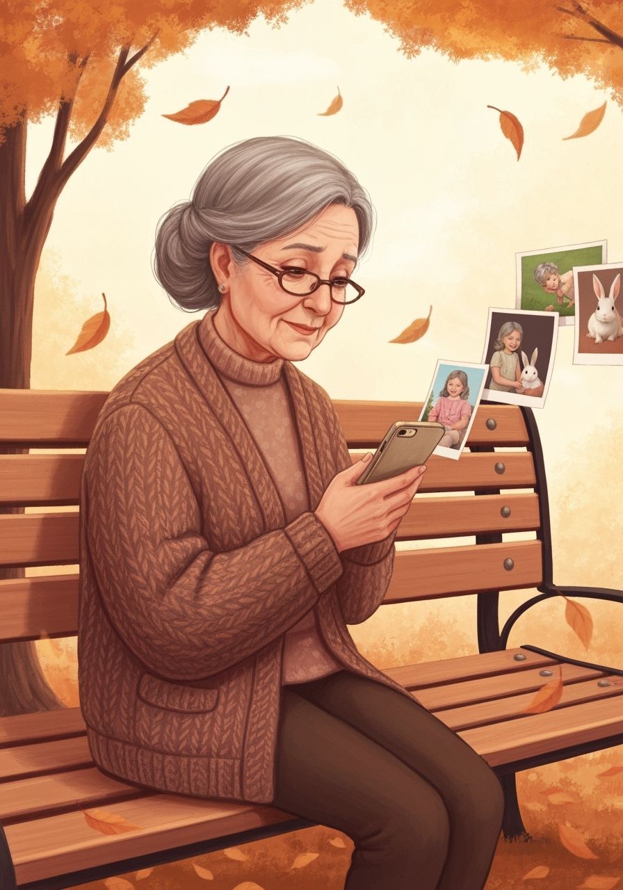 Elderly Woman Nostalgic on Autumn Park Bench with Photos
