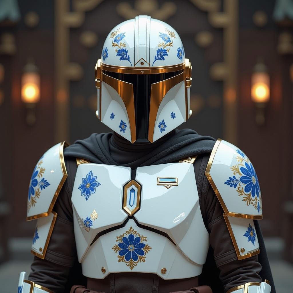 Ornate Porcelain Mandalorian Armor with Floral Accents