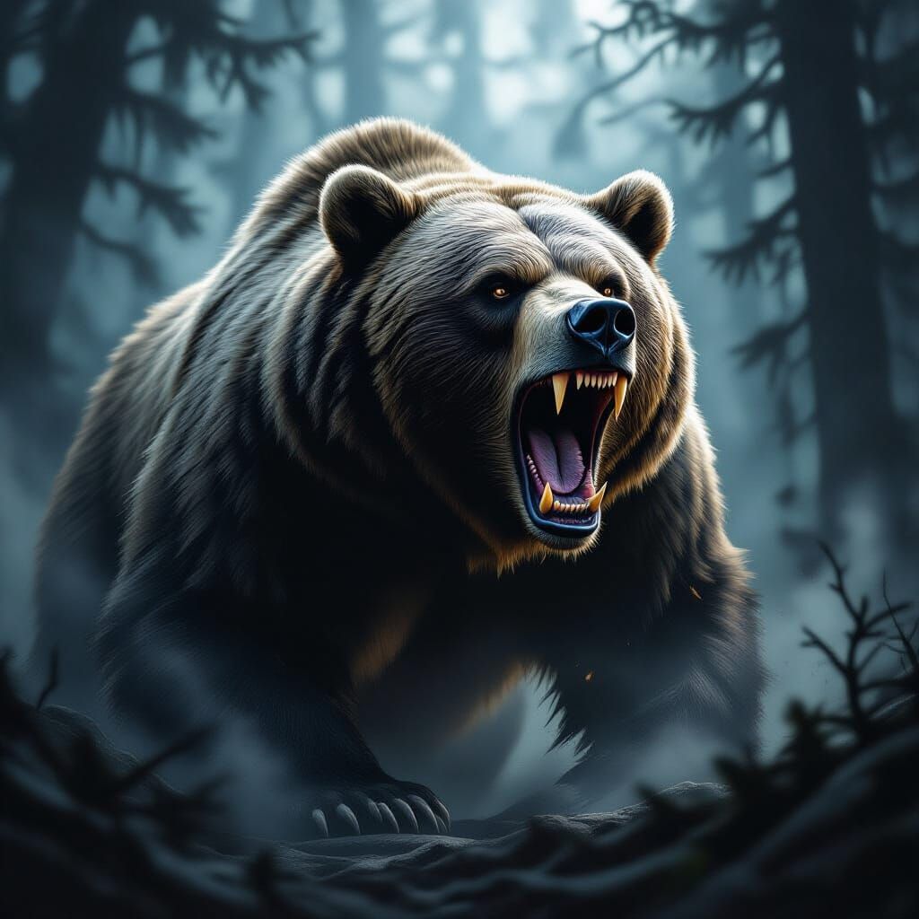 Terrifying Grizzly Bear Roaring in Dark Forest