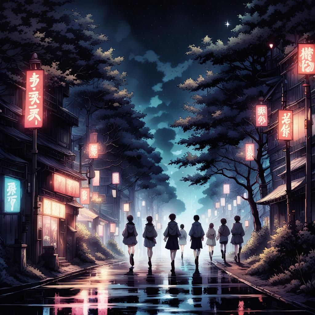 Mystical Forest Road at Night in Anime Style