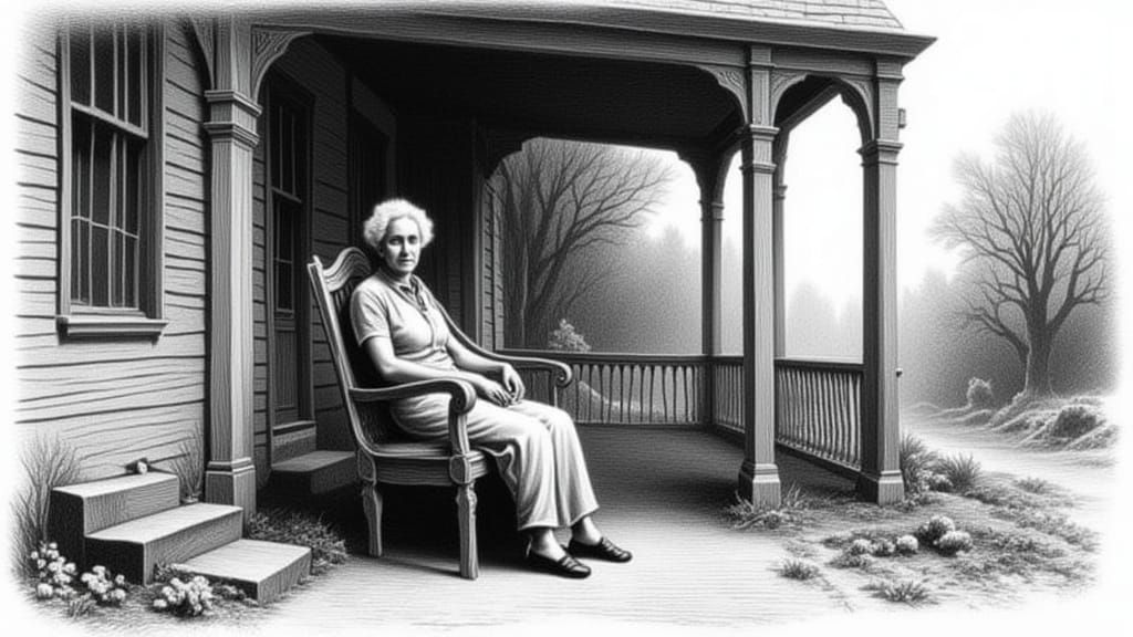 Elderly Woman Relaxing on a Porch Swing in Charcoal Drawing