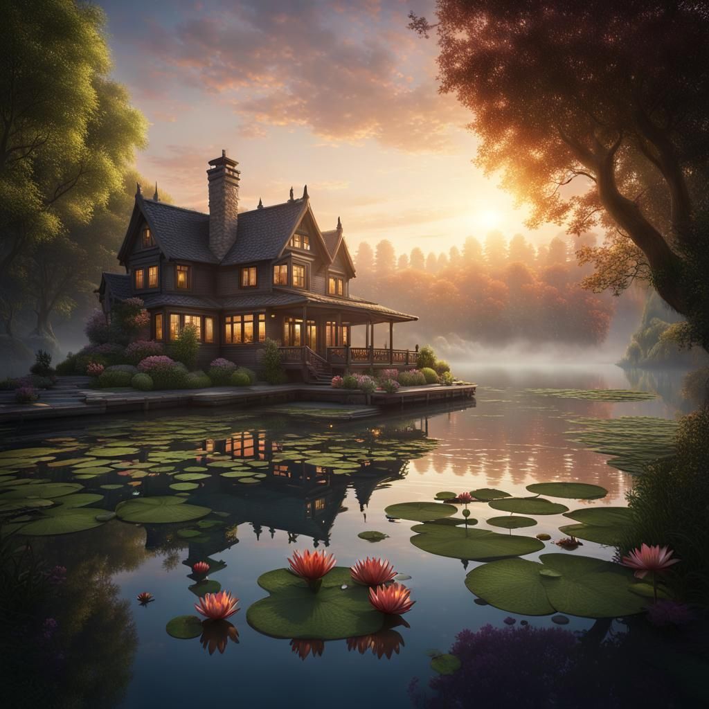 Craftsman Lake House at Sunrise: Fantasy Concept Art