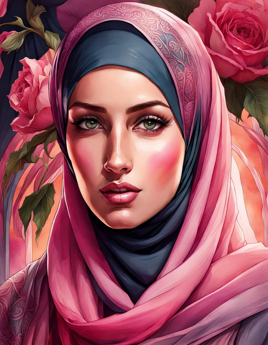 Beautiful Hijabi Woman in Watercolor and Ink