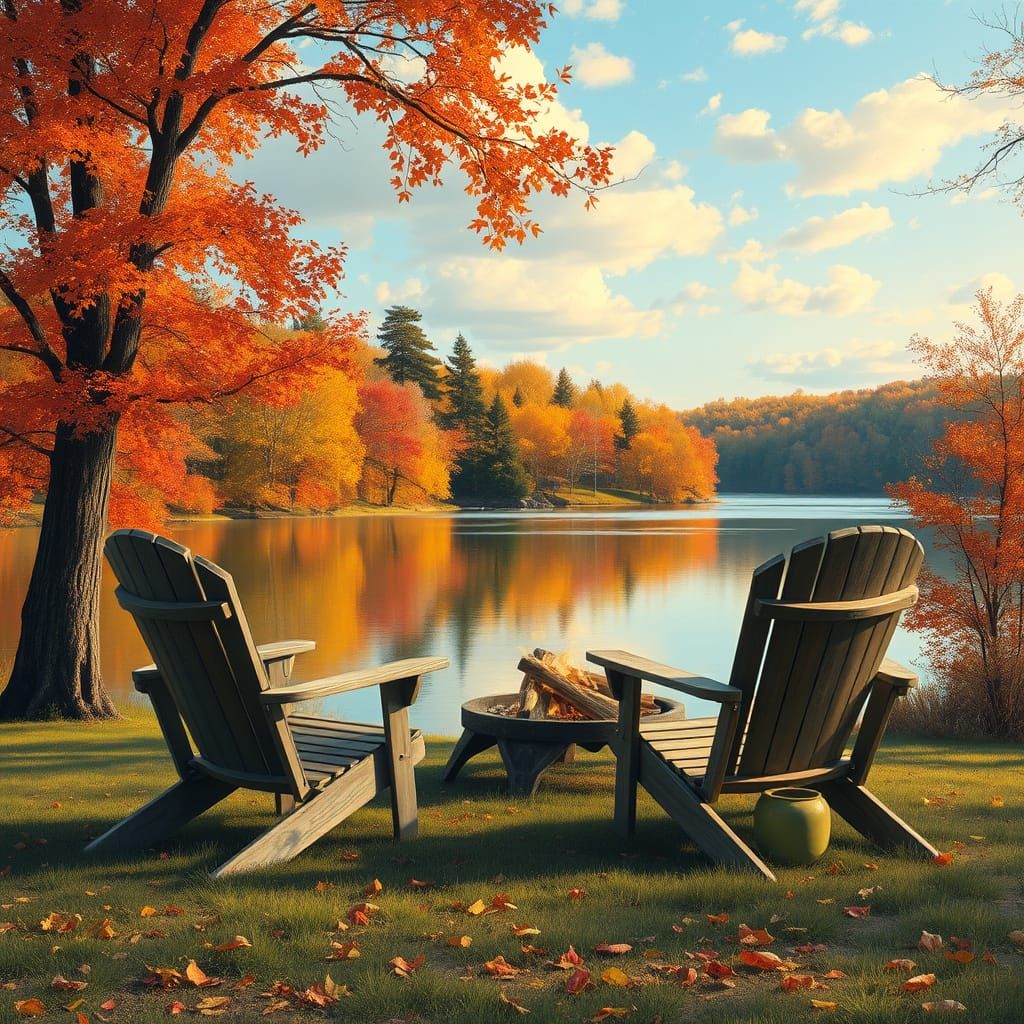 Autumn Lakeside Serenity, Oil-Painted Style