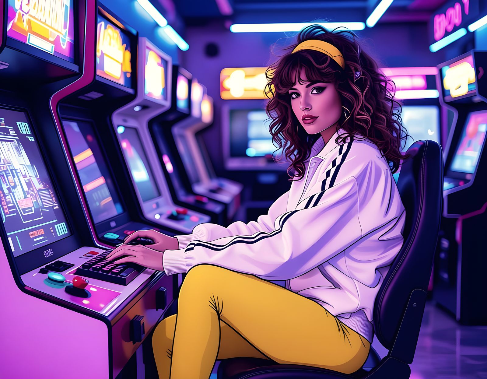 1980s Female Gamer in Neon Arcade