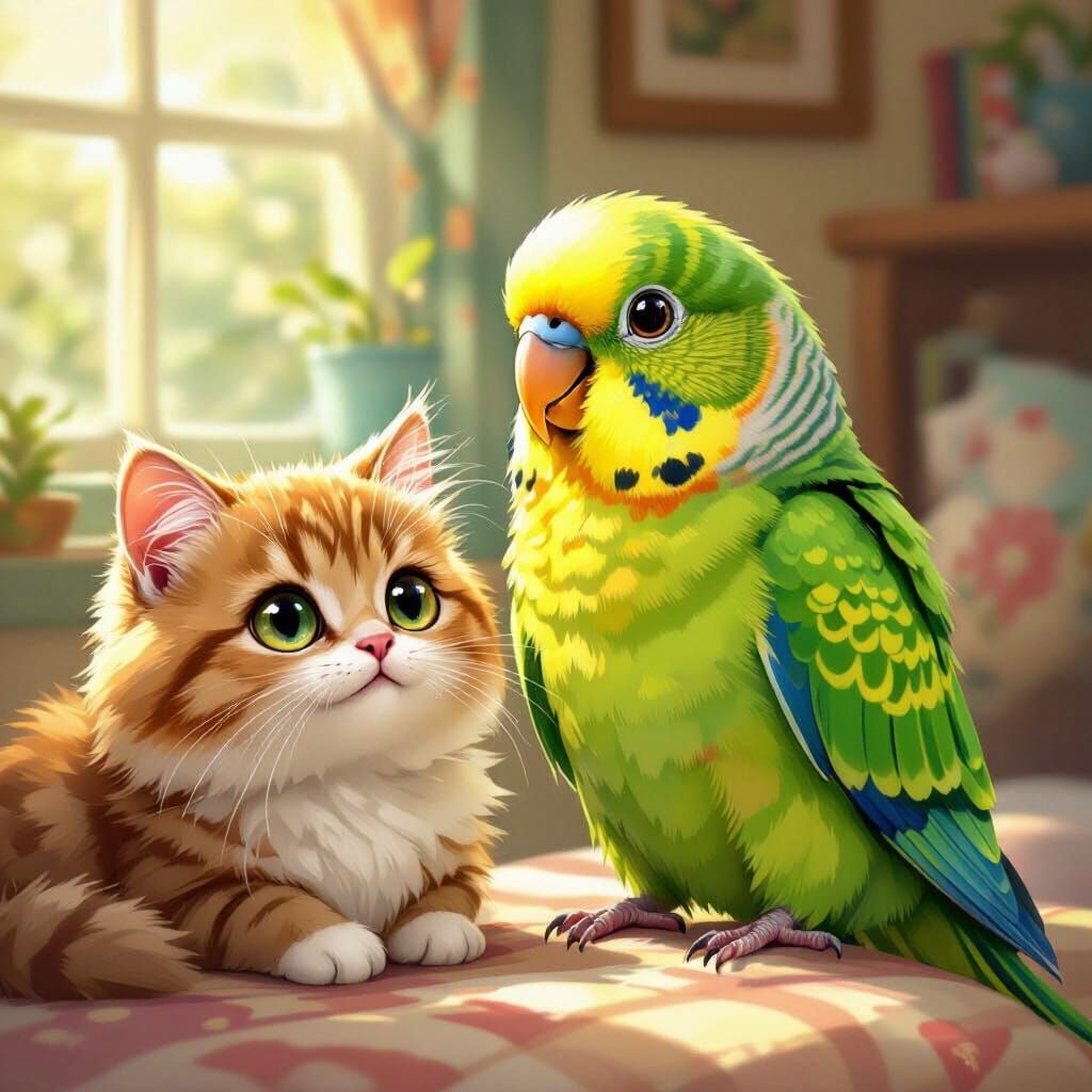 Cute Parakeet and Cat in Sunlit Room
