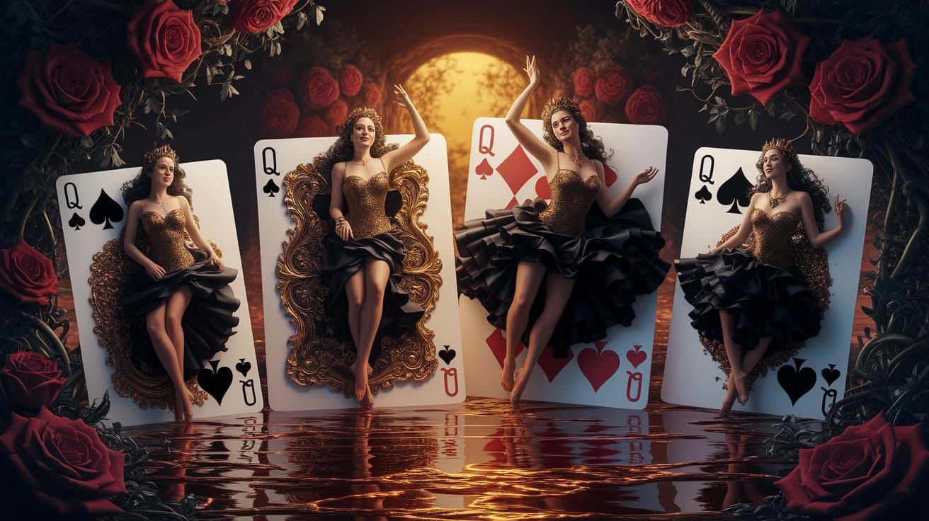 Four Royal Queens Emerge from Ornate Playing Cards