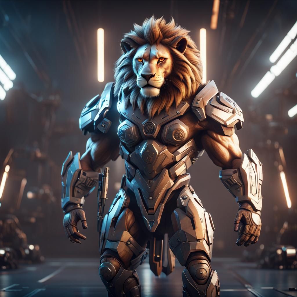 Futuristic Lion Warrior Stands Defiant: 3D Game Art