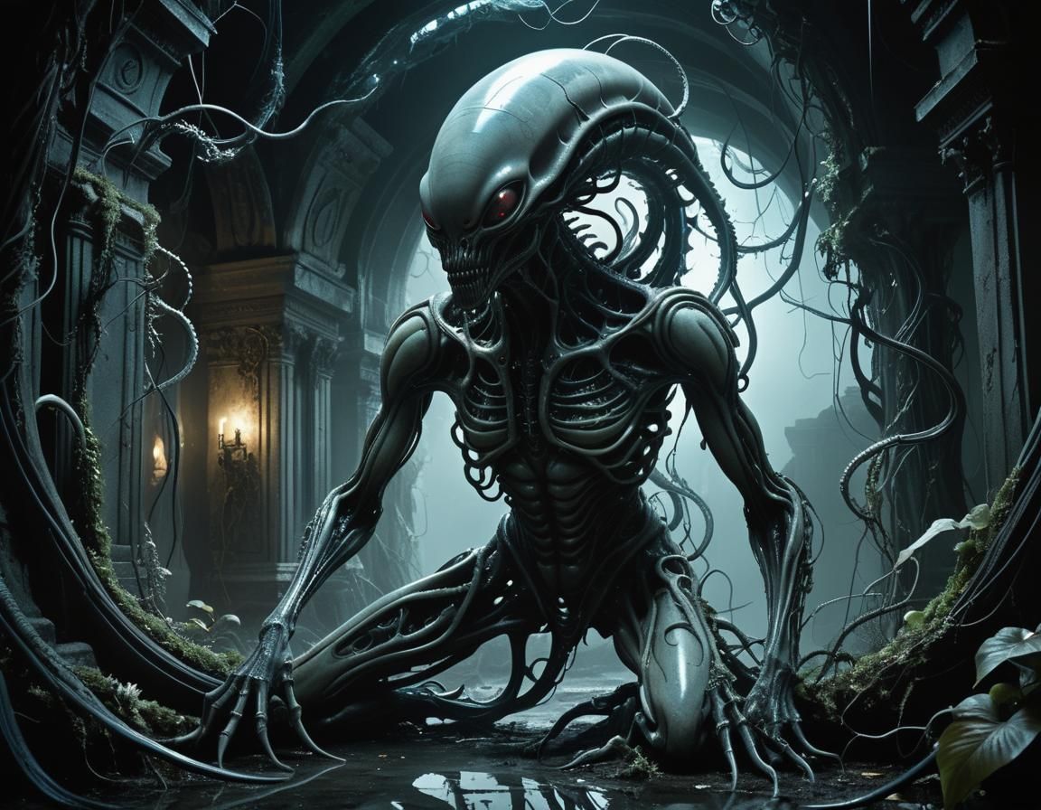 Menacing Alien Creature in Mystical Ruins