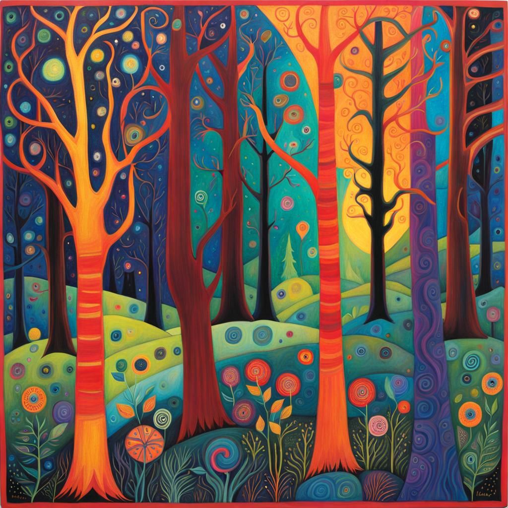 Eldritch Forest Painting in Folk Art Style