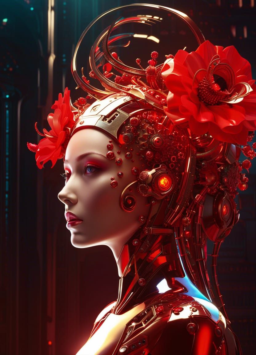 Radiant Red Flowery Cyborg in Futuristic Style
