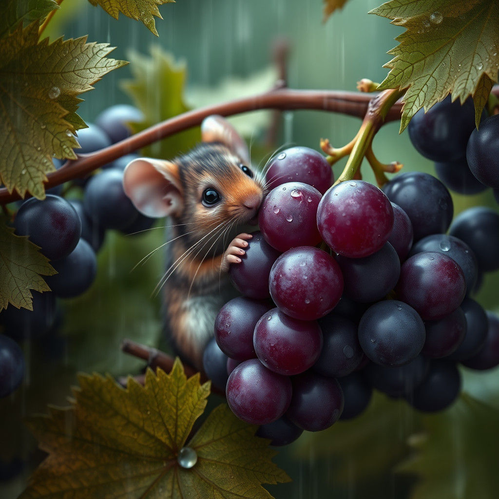 Cute Mouse Licking Grape in Rainy Grapevines