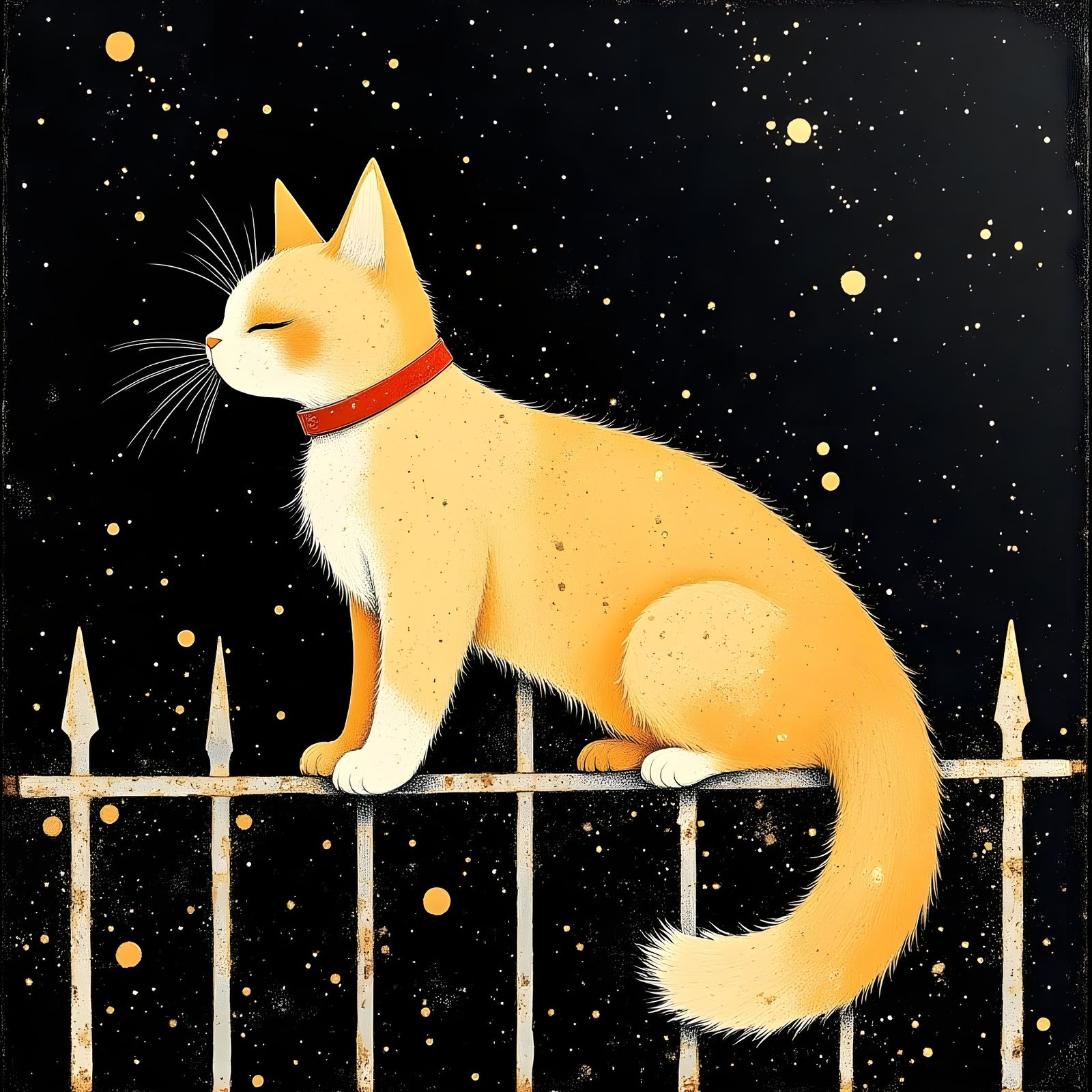 Golden Cat Strolling at Night as Oil Painting