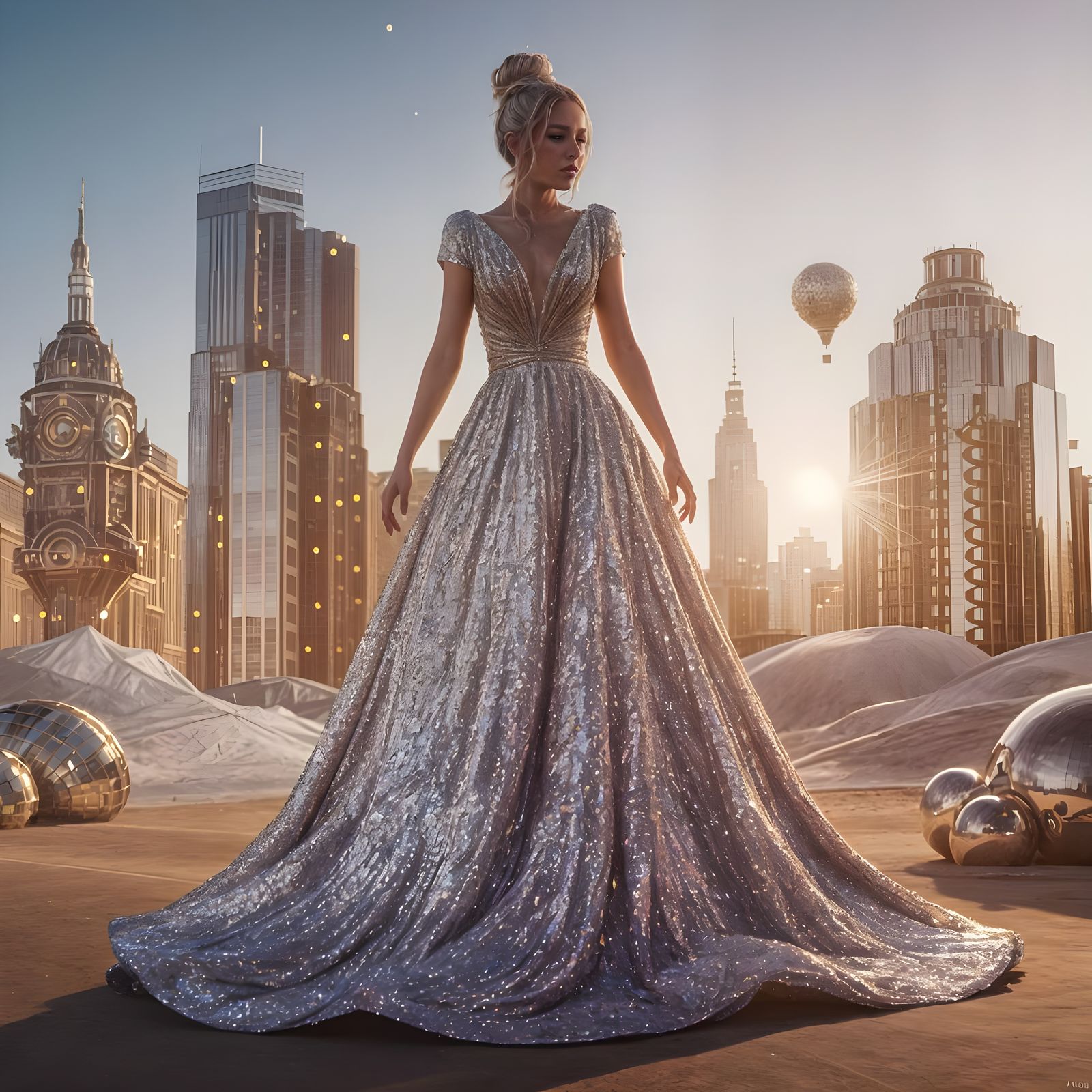 Glamorous Futuristic City Girl in Sequin Gown