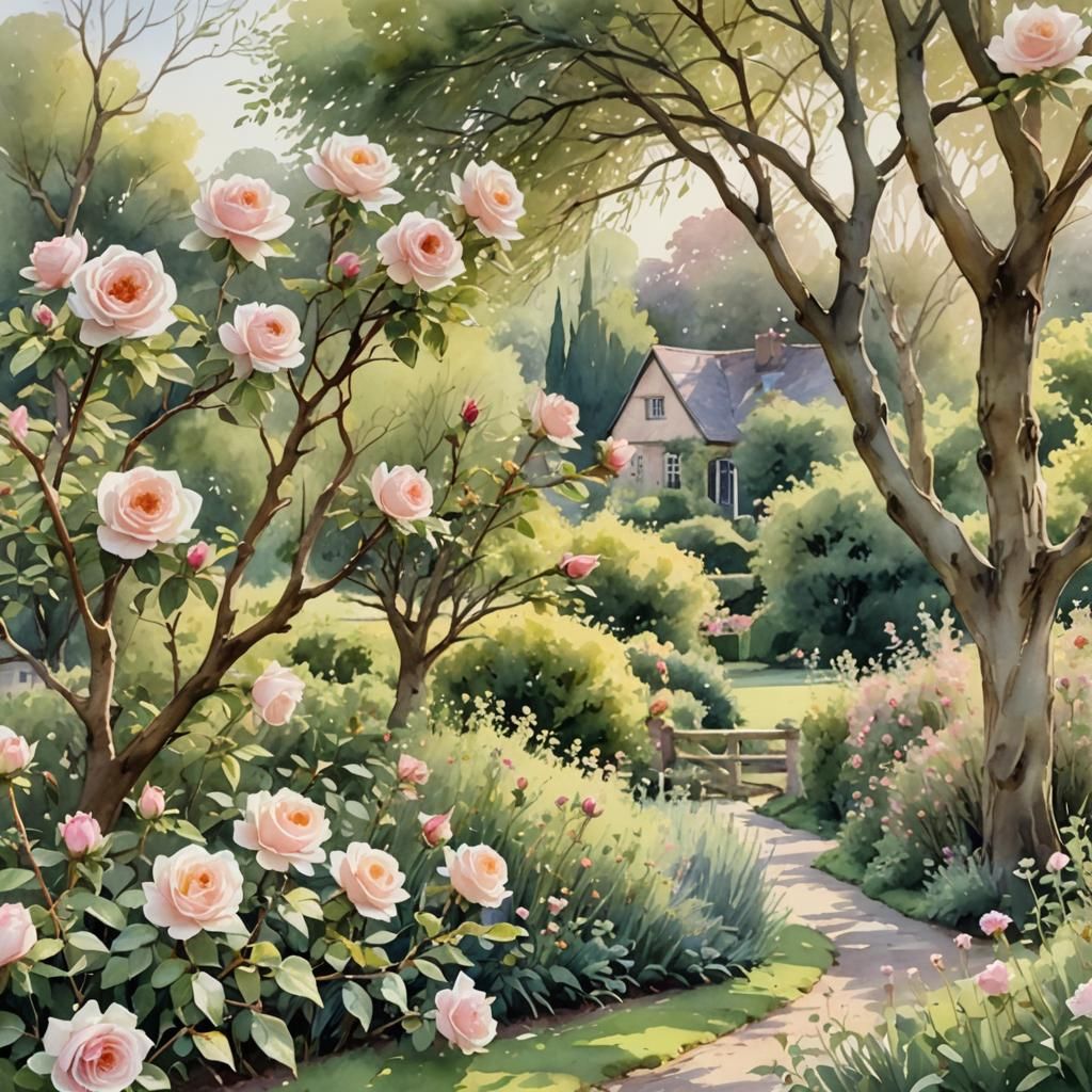 Idyllic English Country Home in Watercolor Style