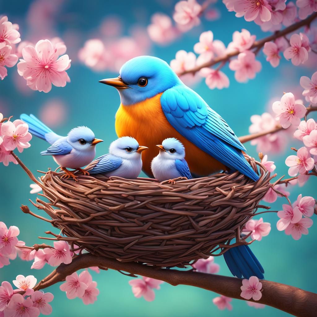 Mother Blue Bird in Cherry Blossom Tree Springtime
