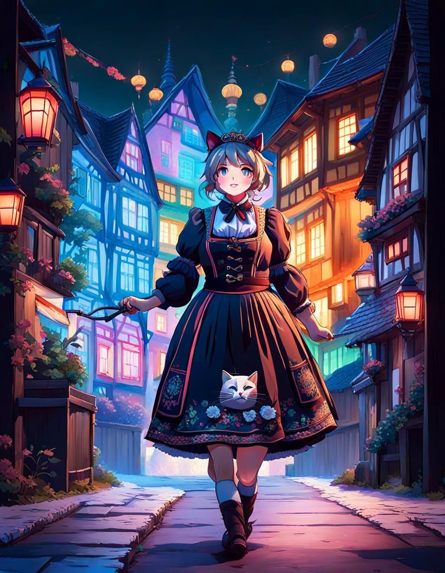 Neon German Cat Girl in Vaporwave Style