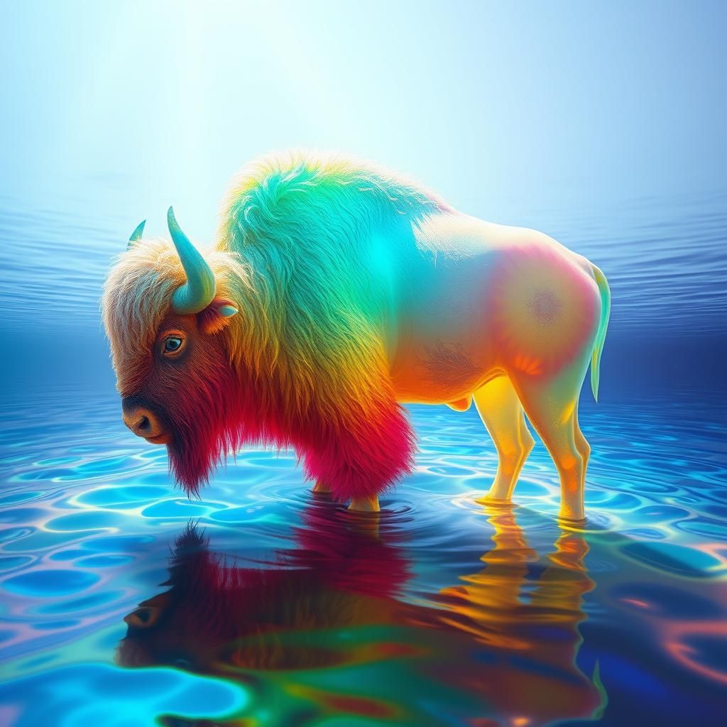 Rainbow Bison in Glassy Water, Surrealist Matte Painting