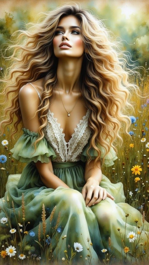 Ethereal Watercolor Portrait of a Beautiful Woman in a Lush...