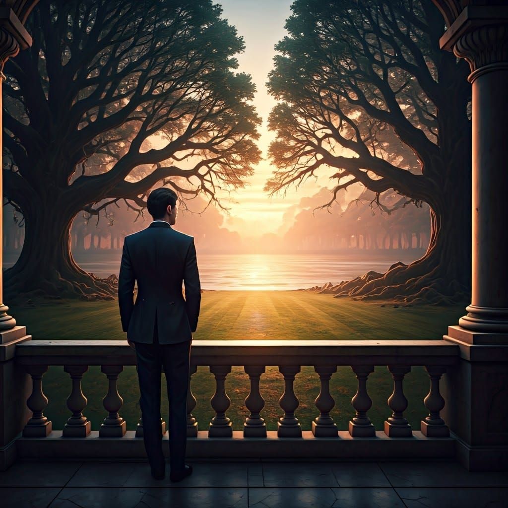 Elegant Gentleman Admires Sunset Over Gnarled Oak Trees