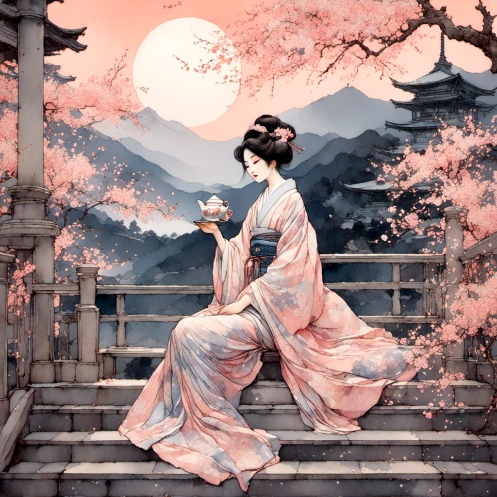 Japanese Princess Drinking Tea in Ukiyo-e Style