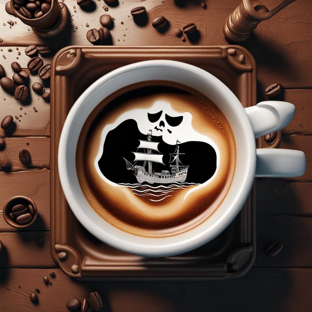 Pirate Ship in Coffee Foam: Detailed Matte Painting