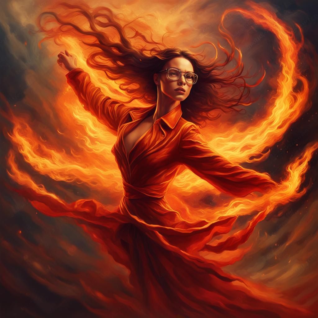 Fiery Goddess in Flight: A Dramatic Oil Painting