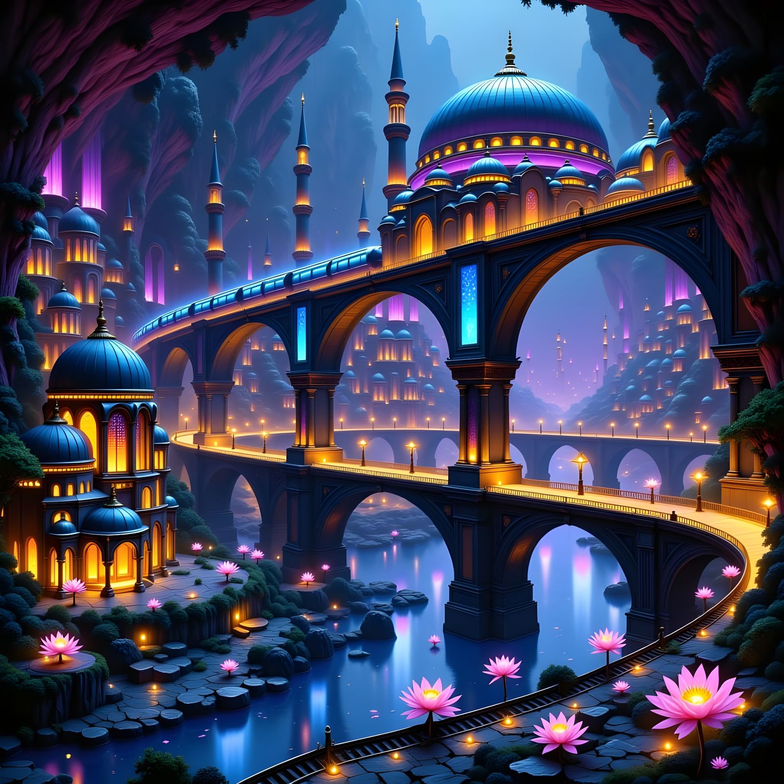 Subterranean Cityscape in Glowing Cavern