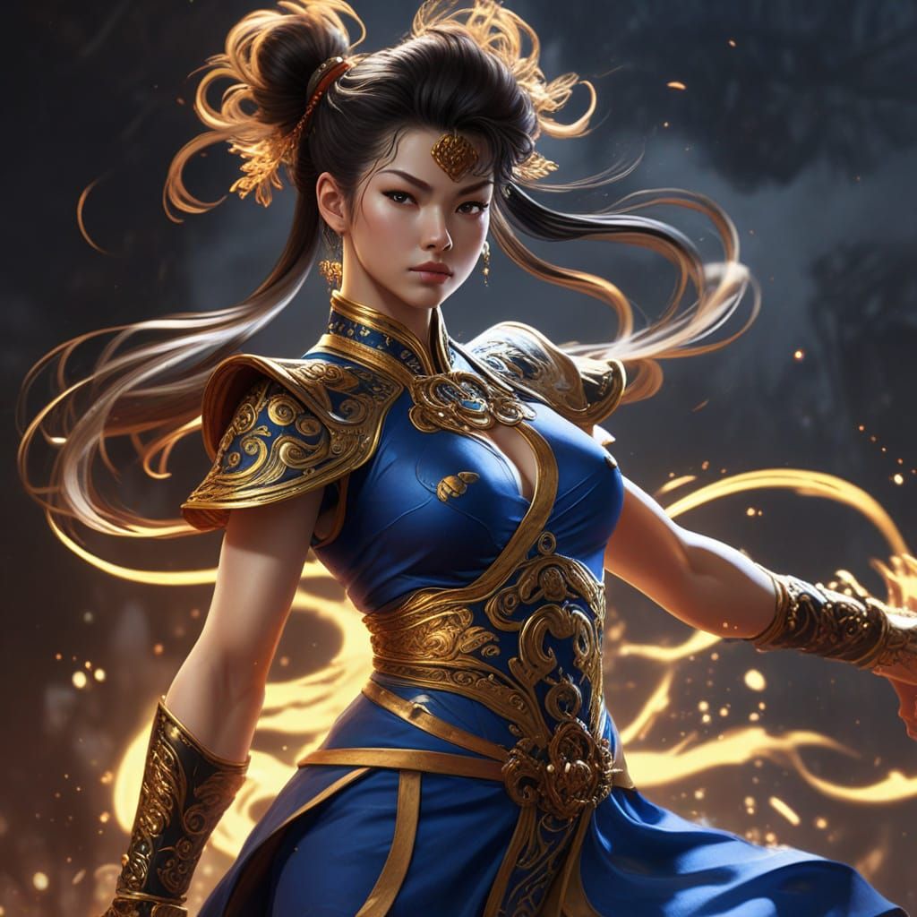 Electric Blue Super Saiyan Chun-Li in Anime Style