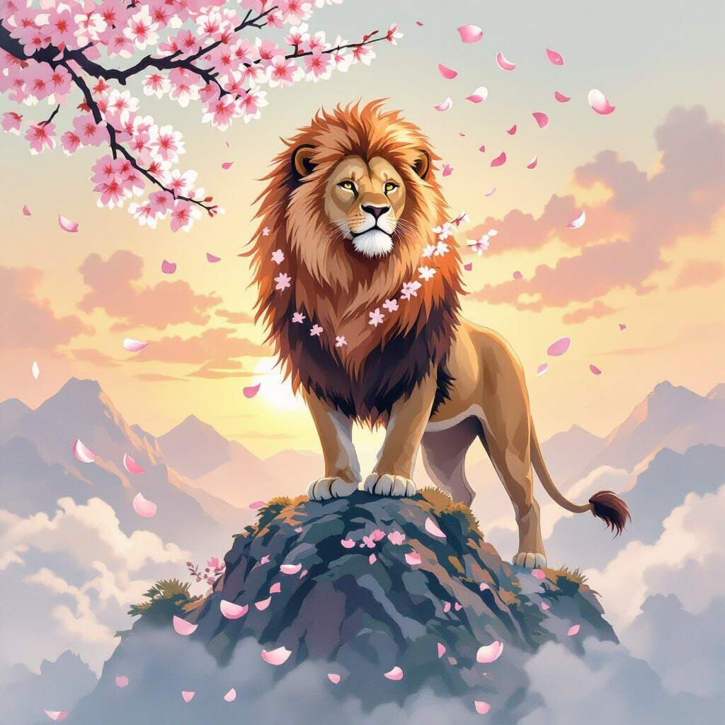 Lion with Cherry Blossom Mane: Japanese Watercolor