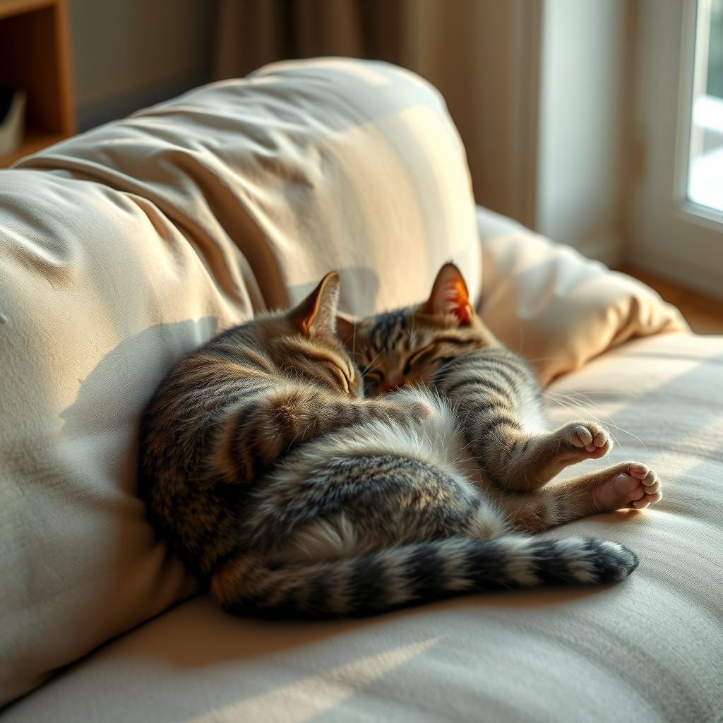 Hyper-Realistic Cats Sleeping on Fluffy Couch