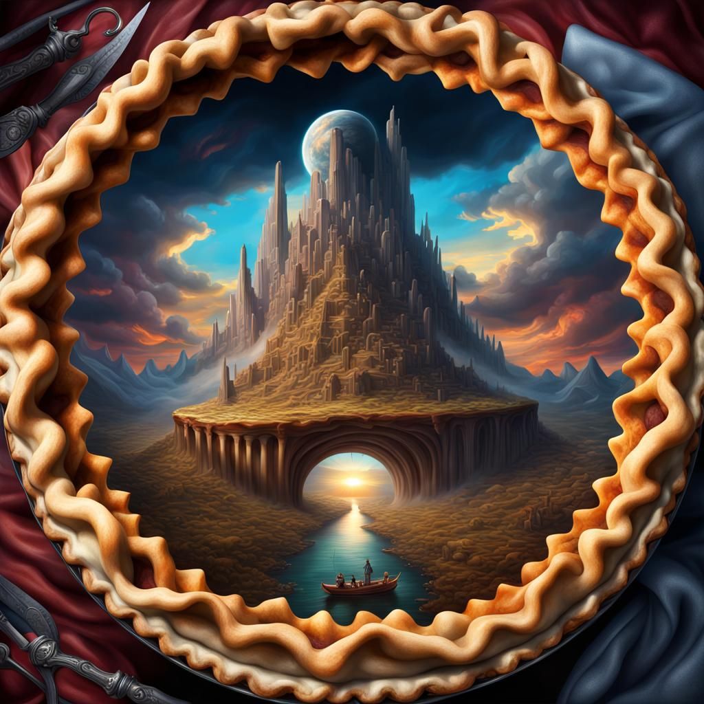 Surreal Giant Pie of Houses: Detailed Airbrush Art