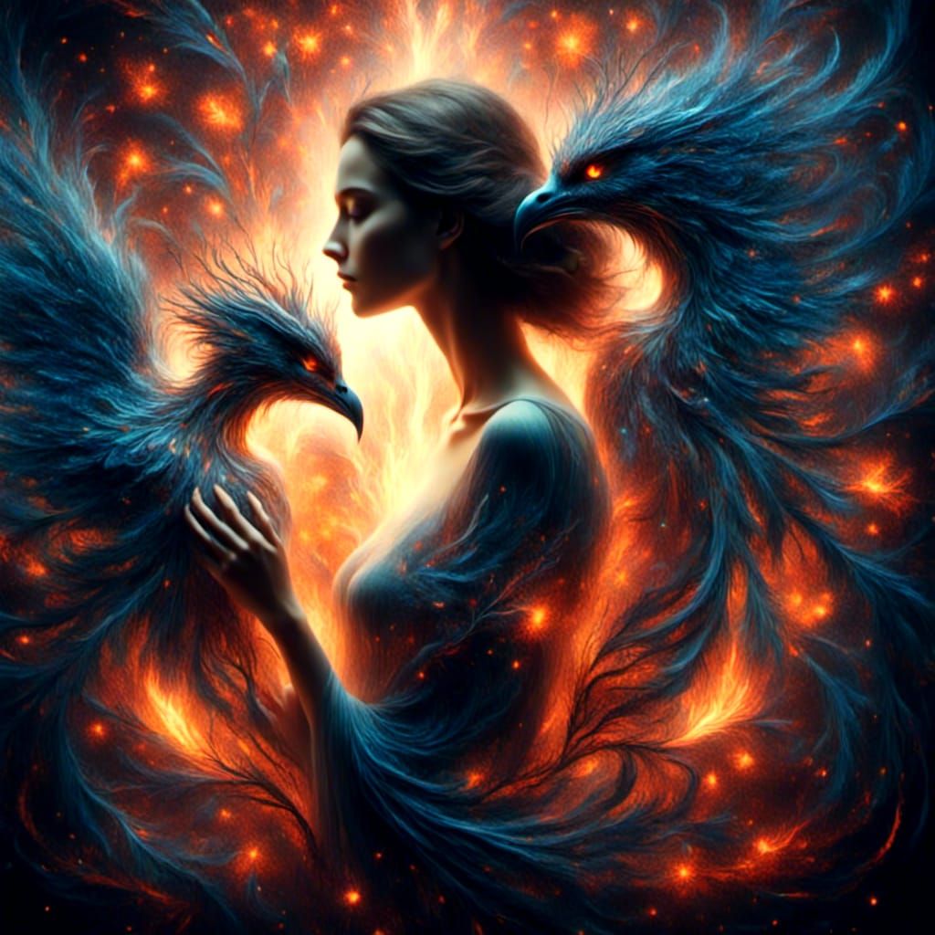 Stained Glass Woman and Phoenix in Hyperrealism