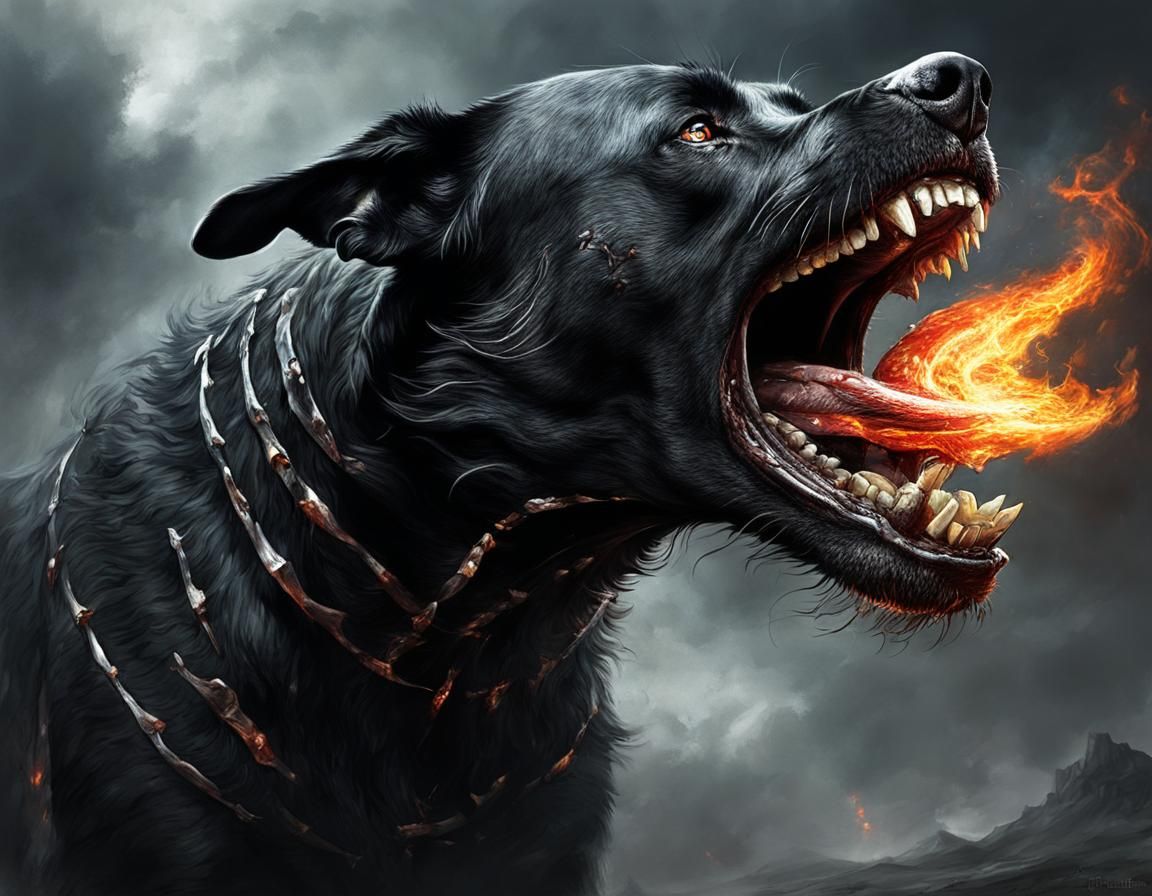 Gigantic Black Dog with Fire Teeth, Dark Fantasy Art