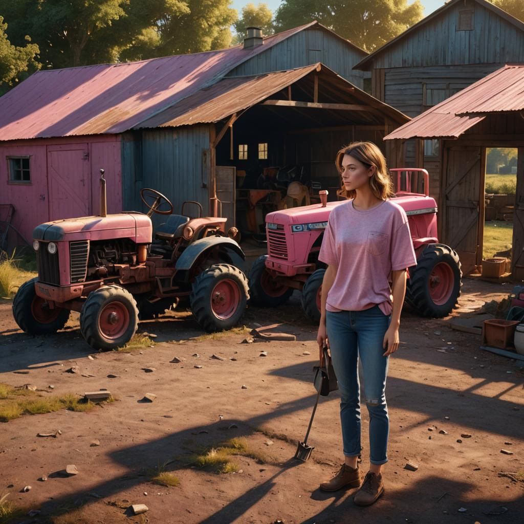 Woman Beside Pink Tractor in Golden Light
