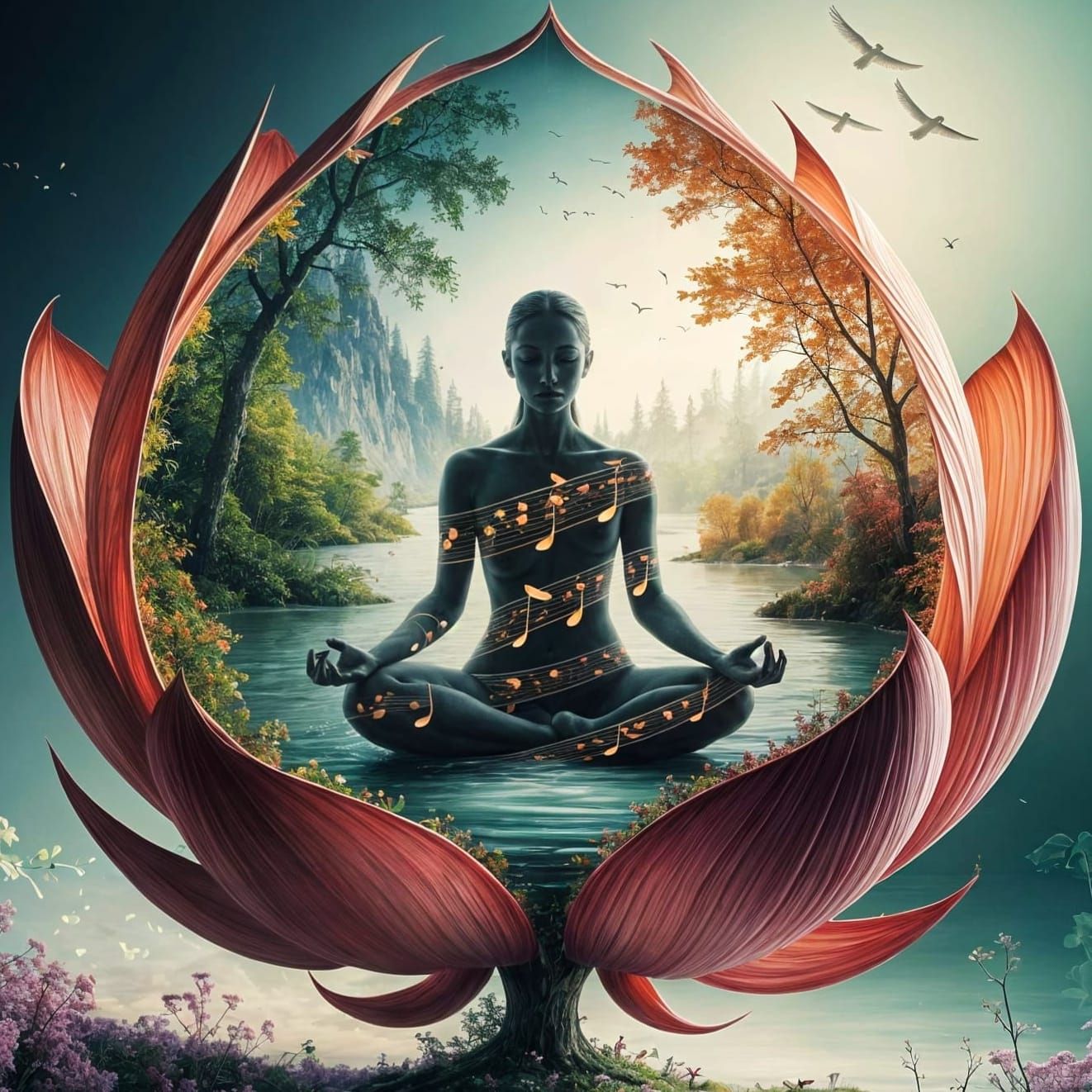 Meditating Figure Inside Giant Flower Bud with Inner World