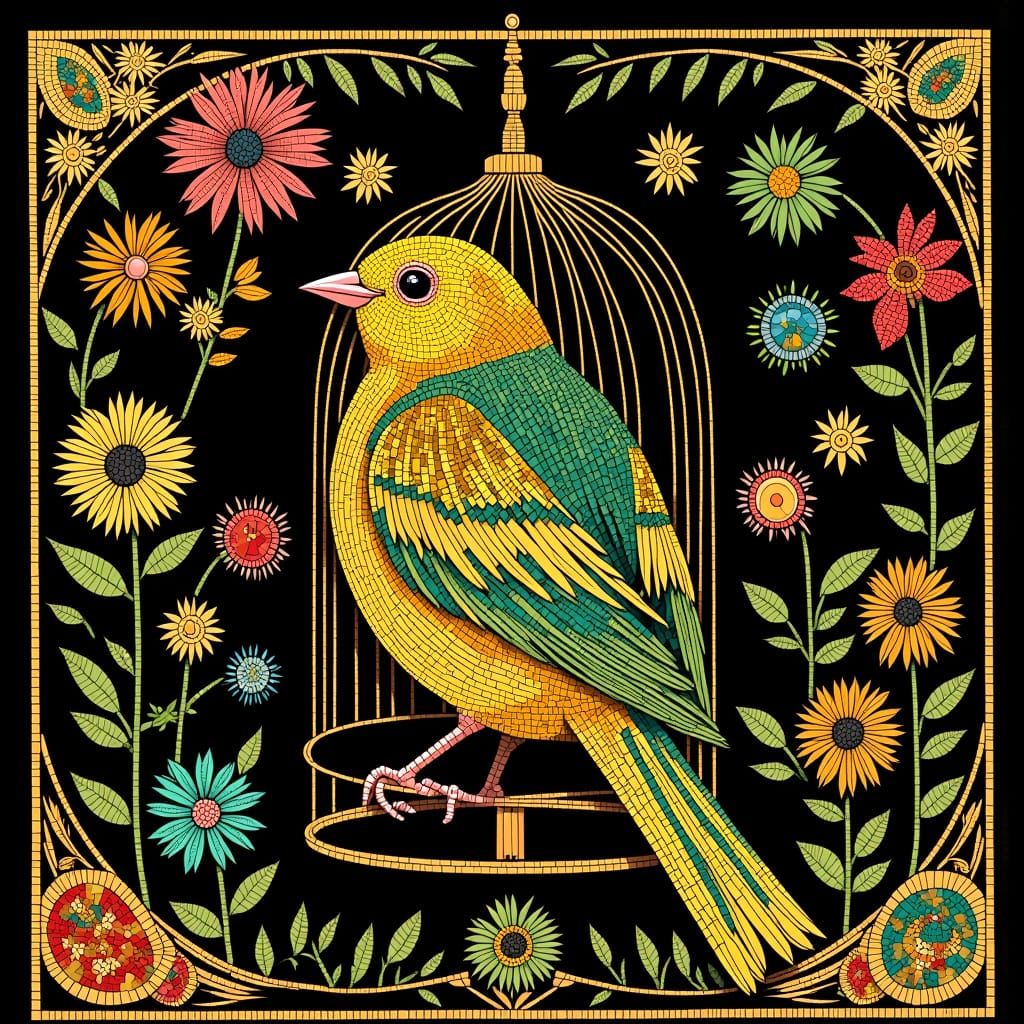 Cloisonné Canary in Floral Birdcage Mosaic