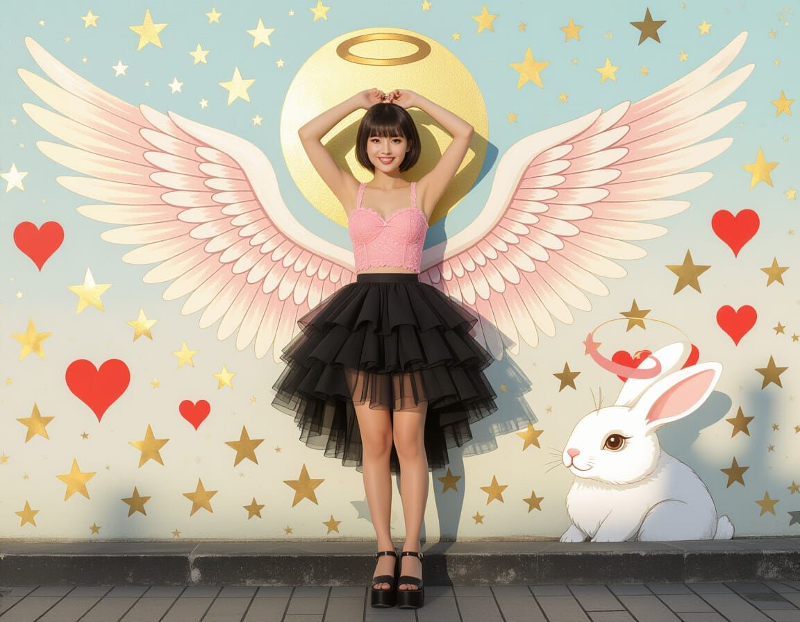 Thai Woman Poses with Angel Wings Mural in Street Art