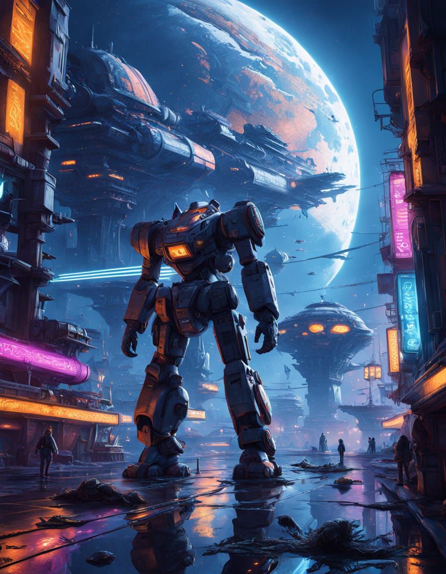 Futuristic Neon Spaceport Orbiting Earth in Synthwave Style