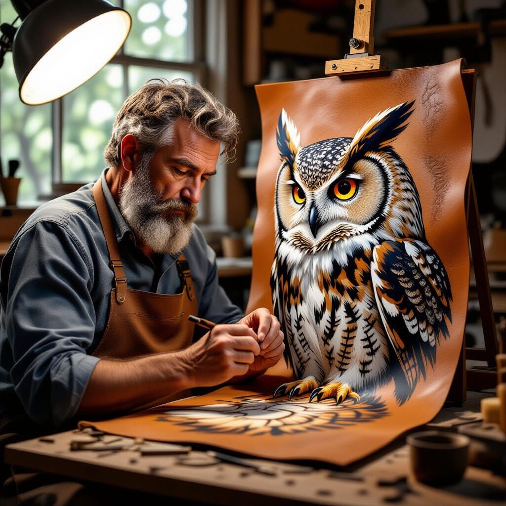 Hyperrealistic Leather Carving of a Wise Old Owl