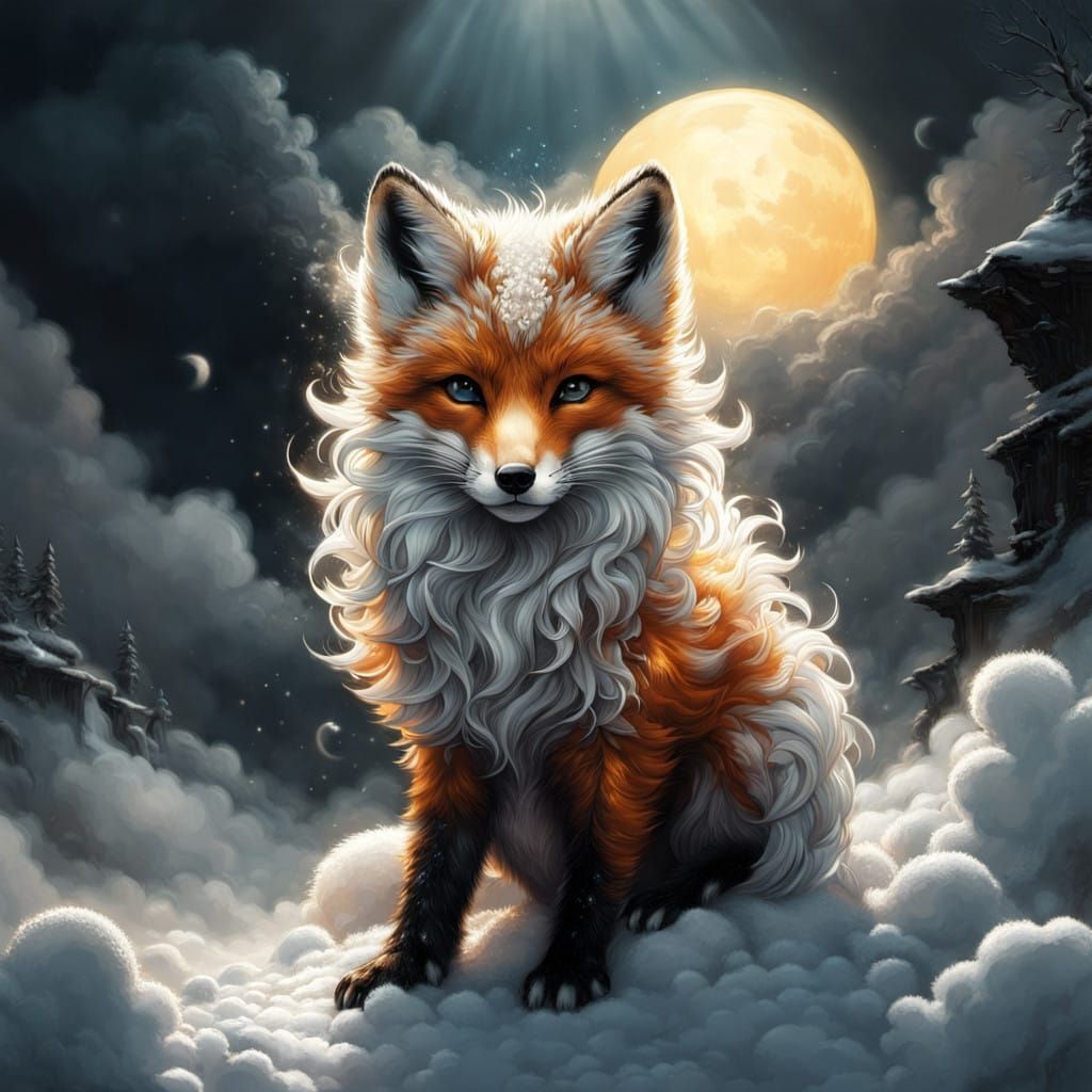 Majestic Snow Fox Amidst Clouds in Vibrant Colors