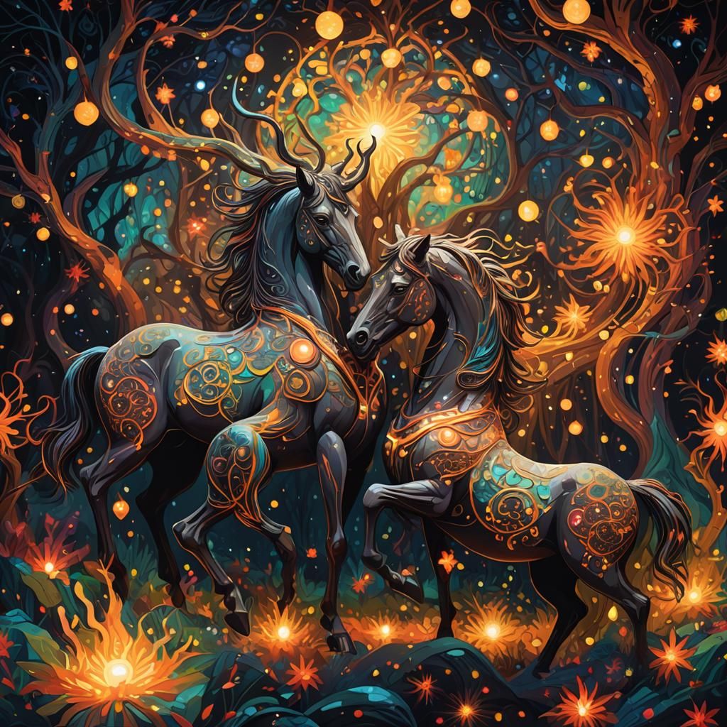 Psychedelic Centaurs in a Mystical Christmas Scene