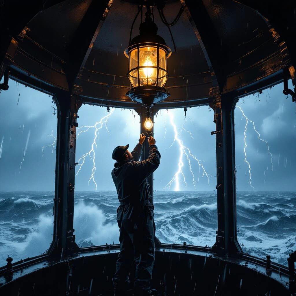 Lighthouse Keeper Changing Bulb in Stormy Night
